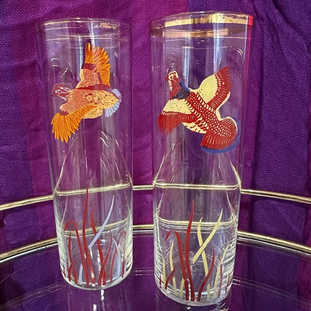 Vintage 1950s–1960s Pheasant Highball Glasses‎ Set of 2 Mid Century Fall Barware